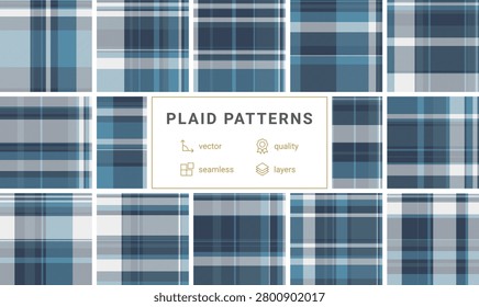 Classic blue and white plaid pattern featuring a seamless tartan design. Ideal for textile printing, fashion backgrounds, or elegant home decor textures. Highresolution geometric style.