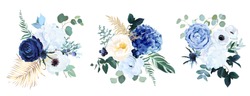 Classic Blue, White Rose, White Hydrangea, Ranunculus, Anemone, Thistle Flowers, Greenery And Eucalyptus, Juniper, Gold Tropical Leaves Vector Bouquets.Trendy Color Collection. Isolated And Editable