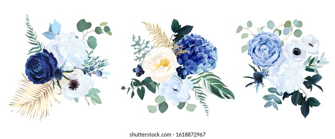 Classic blue, white rose, white hydrangea, ranunculus, anemone, thistle flowers, greenery and eucalyptus, juniper, gold tropical leaves vector bouquets.Trendy color collection. Isolated and editable