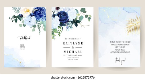 Classic blue, white rose, white hydrangea, ranunculus, anemone, thistle flowers, greenery and eucalyptus, juniper, gold tropical leaves vector design set.Trendy color collection. Isolated and editable