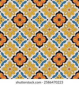 Classic Blue and Yellow Ornamental Tile Seamless Pattern with Geometric Motifs