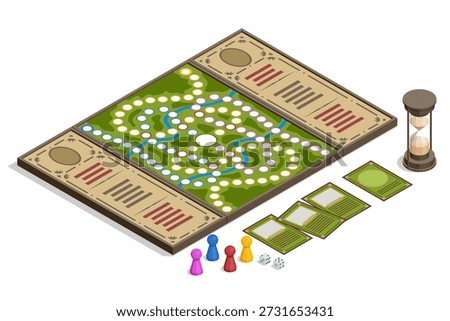 Classic board game. Isometric classic board game with card, dice, hourglass and player token. Family entertainment and tabletop leisure concept illustration.