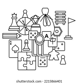 Classic board games vector illustration. Chess, checkers, mahjong and other games. Gaming room. Gaming dice, puzzle, figurines