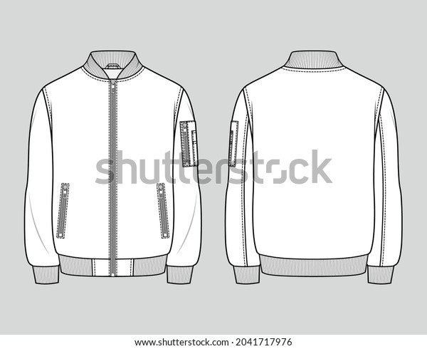 Classic bomber jacket. Men\'s casual\
clothing. Vector technical sketch. Mockup\
template.