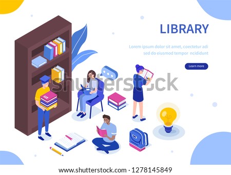 Classic book library concept. Can use for web banner, infographics, hero images. Flat isometric vector illustration isolated on white background.