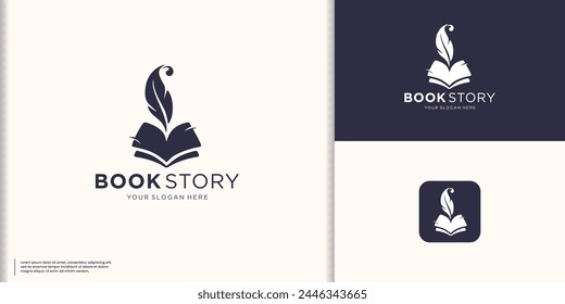 classic book story logo inspiration, Quill and book logo vertical shape concept.