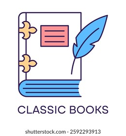 Classic Books – Vintage Book with a Feather Representing Timeless Literature with Editable Stroke