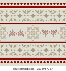 Classic Border Artistic Ornament With Gold Red Wine on Celadon Background. Luxury Style Baroque Art and Geometric Combine Pattern for Border Striped Fashion Textiles Fabrics Apparel Tiles Mosaic Scarf