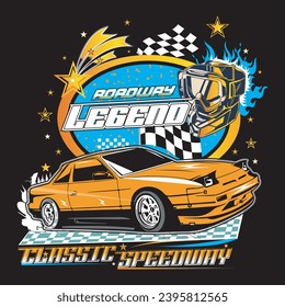 Klassische Grenze, Handgezeichnete Kunst, Straßenrennen, Geboren zum Fahren, Gebaut für Speed-Race-Illustrationsdruck, Vintage-Auto, T-Shirt-Automobil-Illustration. Posterwagen, Retro-Poster, Sportwagen, Style, Stilvoll