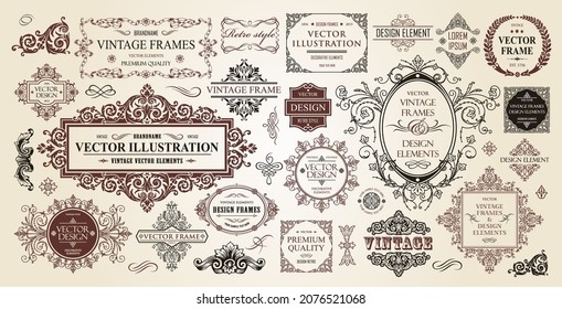 Classic borders and labels isolated on a white background. Vintage frames collection. Decorative calligraphic elements for certificates, posters and cards in ancient style.