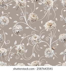 Classic botanical rose pattern in a seamless repeat layout. Ideal for fabric printing, wallpaper design, decorative surfaces, and vintage floral themed projects.