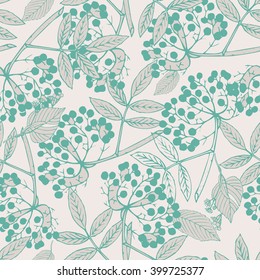 Classic botanical seamless pattern with creeper leaves and berries in elegant color palette, repeating surface pattern for all web and print purposes.