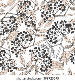 Classic botanical seamless pattern with creeper leaves and berries in elegant color palette, repeating surface pattern for all web and print purposes.