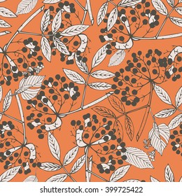 Classic botanical seamless pattern with creeper leaves and berries in elegant color palette, repeating surface pattern for all web and print purposes.