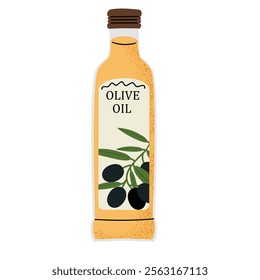 Classic bottle of olive oil with a simple label design and olive branch illustration. Ideal for culinary projects, recipes, and Mediterranean-themed designs. Isolated on white background.