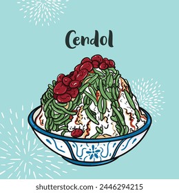 Classic Bowl of Malaysian Cendol Ice Kacang Design Drawing IllustrationTraditional Malaysia Malaysian Dessert Snack