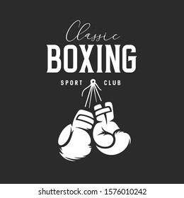 Classic boxing t-shirt design. Boxing gloves hanging on a rope. Vector vintage illustration.