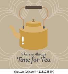 Classic brass big tea kettle with quotes on light brown background.