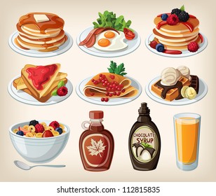 Classic breakfast cartoon set with pancakes, cereal, toasts and waffles