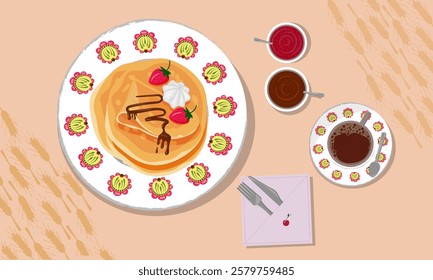 Classic breakfast with crepe, strawberry jam, chocolate sauce and a cup of coffee. Top view Realistic image