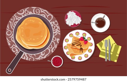 Classic breakfast with crepe, strawberry jam, chocolate sauce and a cup of coffee. Top view Realistic image