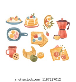 Classic breakfast dishes set, brunch or breakfast time vector Illustrations on a white background