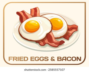 Classic breakfast of fried eggs and crispy bacon vector icon. Two sunny-side-up eggs with vibrant yellow yolks with strips of crisp sizzling bacon on simple white plate