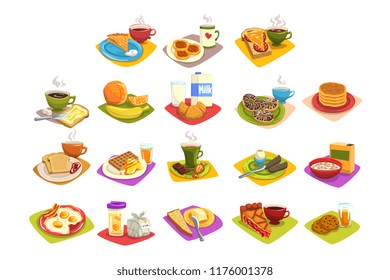 Classic breakfast ideas set. Cartoon illustration with coffee and toast with butter, fruits, milk and croissant, fried eggs and bacon, waffles with honey. Flat vector