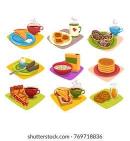 Classic breakfast ideas set. Cartoon illustration with pancakes and coffee, donuts, boiled egg, corn flakes, pie and tea, sandwich, cookies. Flat vector