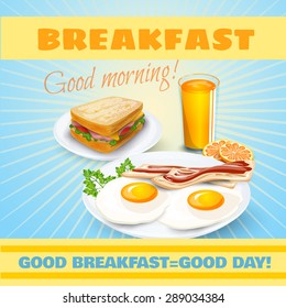 Classic breakfast motel advertisement retro poster with ham sandwich and fried eggs bacon pictograms abstract vector illustration