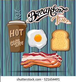 Classic breakfast motel advertisement retro poster with bacon toast and fried eggs vector illustration