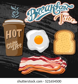 Classic breakfast motel advertisement retro poster with bacon toast and fried eggs vector illustration