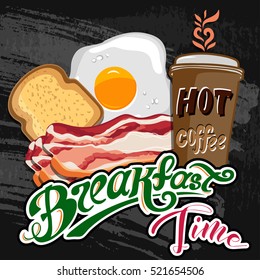Classic breakfast motel advertisement retro poster with bacon toast and fried eggs vector illustration