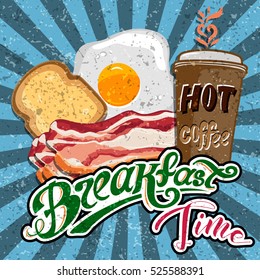 Classic breakfast motel advertisement retro poster with bacon toast and fried eggs vector illustration