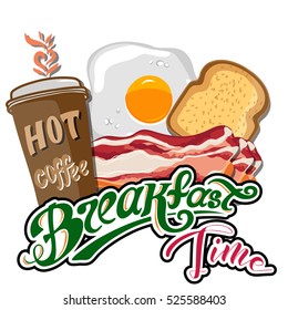 Classic breakfast motel advertisement retro poster with bacon toast and fried eggs vector illustration