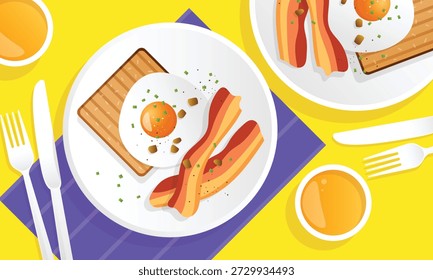 Classic breakfast plate with egg, bacon, and toast. Delicious breakfast set with egg, bacon, and orange juice.