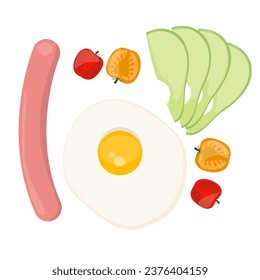 Classic breakfast - sausage, egg, avocado and tomato. Cartoon vector illustration