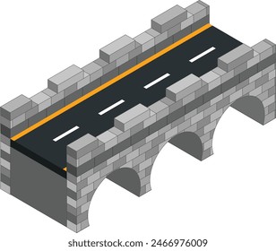 Un puente de ladrillo clásico con una carretera de asfalto negro sobre un fondo blanco.