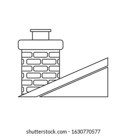 Classic brick chimney on slanted roof in vector line drawing