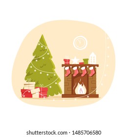 Classic brick fireplace with Christmas socks, gifts and a wreath on a neutral background. New year vector illustration in flat style for web banner, greeting card or tags