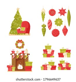 Classic brick fireplace and christmas tree with socks, presents and gifts on a neutral background. Cozy new year's interior. New year vector illustration in flat style for web banner, greeting cards