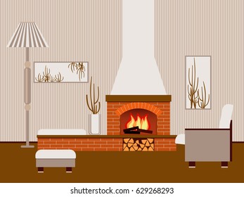 Classic brick fireplace. A fragment of the interior of the living room.
