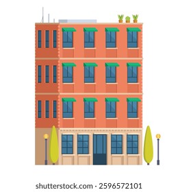 Classic Brick Urban Tenement House. Vector Illustration in Flat Style. Industrial Era Architecture