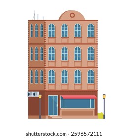 Classic Brick Urban Tenement House. Vector Illustration in Flat Style. Industrial Era Architecture