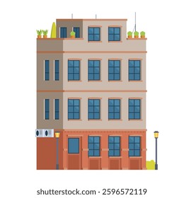 Classic Brick Urban Tenement House. Vector Illustration in Flat Style. Industrial Era Architecture