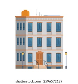 Classic Brick Urban Tenement House. Vector Illustration in Flat Style. Industrial Era Architecture
