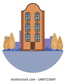 Classic bricks edifice real estate urban building with trees and garden in black and white vector illustration graphic design.