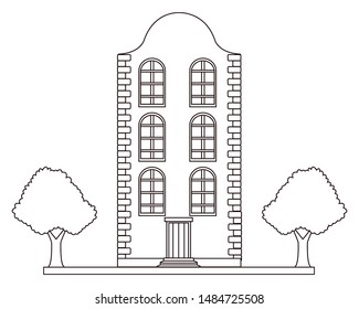 Classic bricks edifice real estate urban building with trees and garden in black and white vector illustration graphic design.