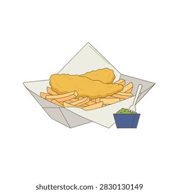 Classic british fish and chips in a paper tray with mushy peas. A minimalist illustration of battered fish and fries served in a paper wrapper with a side of green mushy peas. Ideal for food blogs, restaurant menu design, or culinary travel articles.