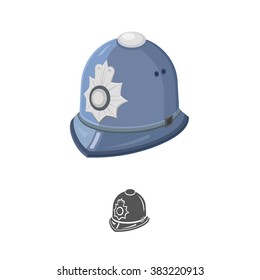 Classic British police helmet isolated on white background + black flat icon. Vector Illustration.